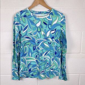 IBKUL women’s crewneck island pursuit print long sleeve mesh insets UV top Sz L